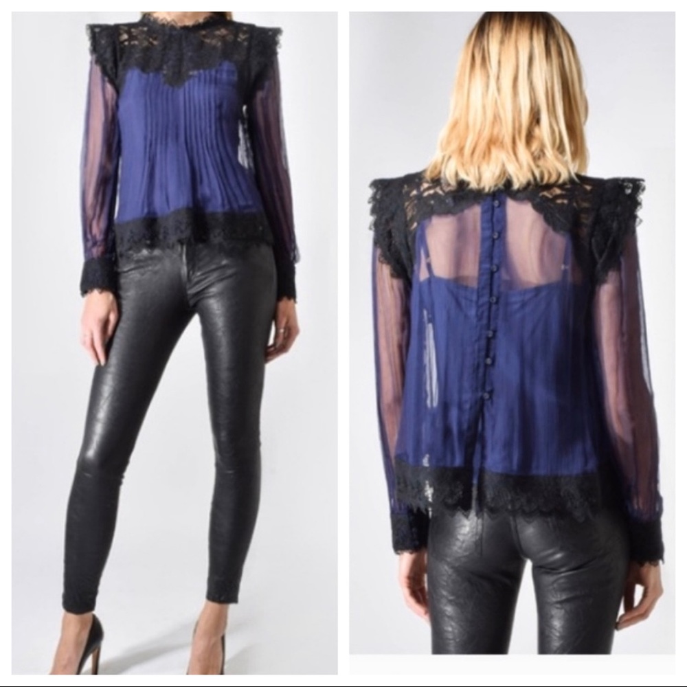 Anthro Love Sam Victorian Lace Navy & Sheer Top S